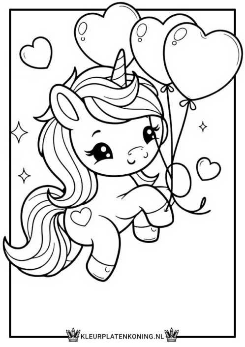 Kleurplaat eenhoorn hartjes ballonnen