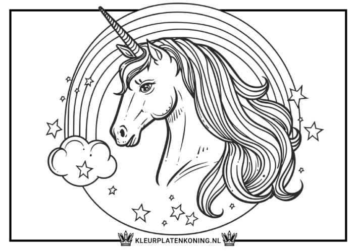 Kleurplaat unicorn hoofd met regenboog