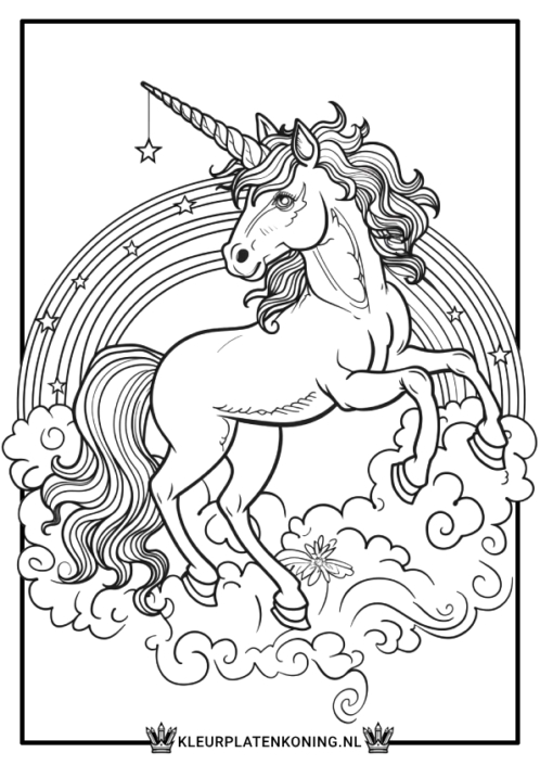 kleurplaat unicorn regenboog op wolk printen