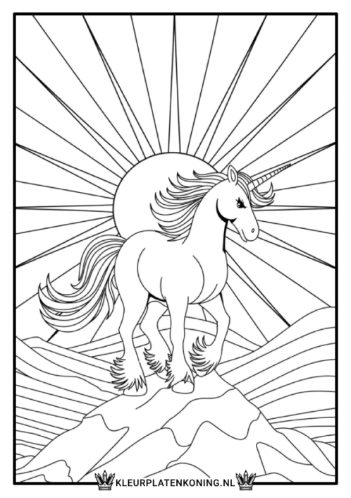 Kleurplaat unicorn op een berg met de zon op de achtergrond