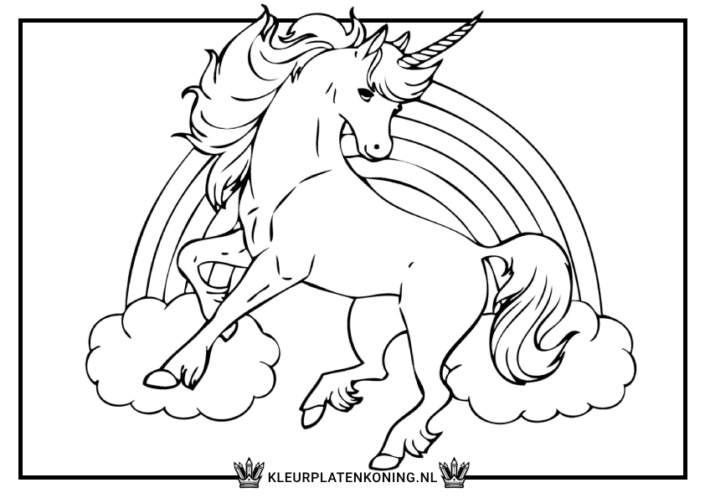 Kleurplaat unicorn met regenboog