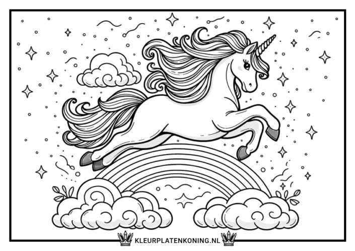 Kleurplaat van een unicorn met een regenboog en sterren