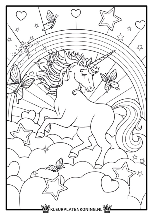 Kleurplaat unicorn regenboog