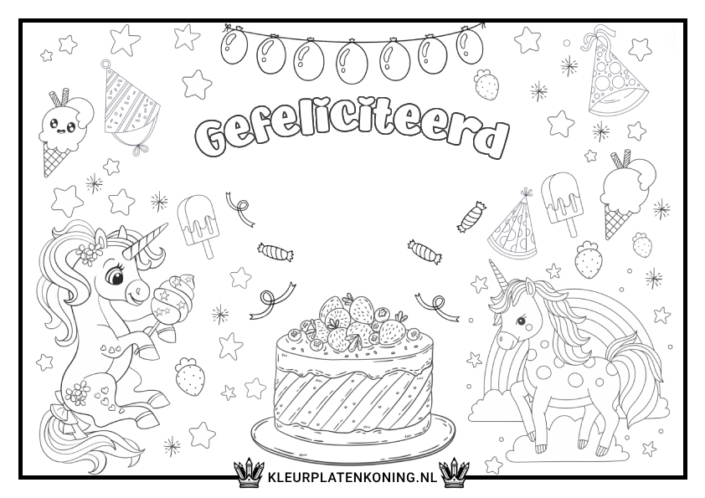 Kleurplaat unicorn verjaardag - gefeliciteerd